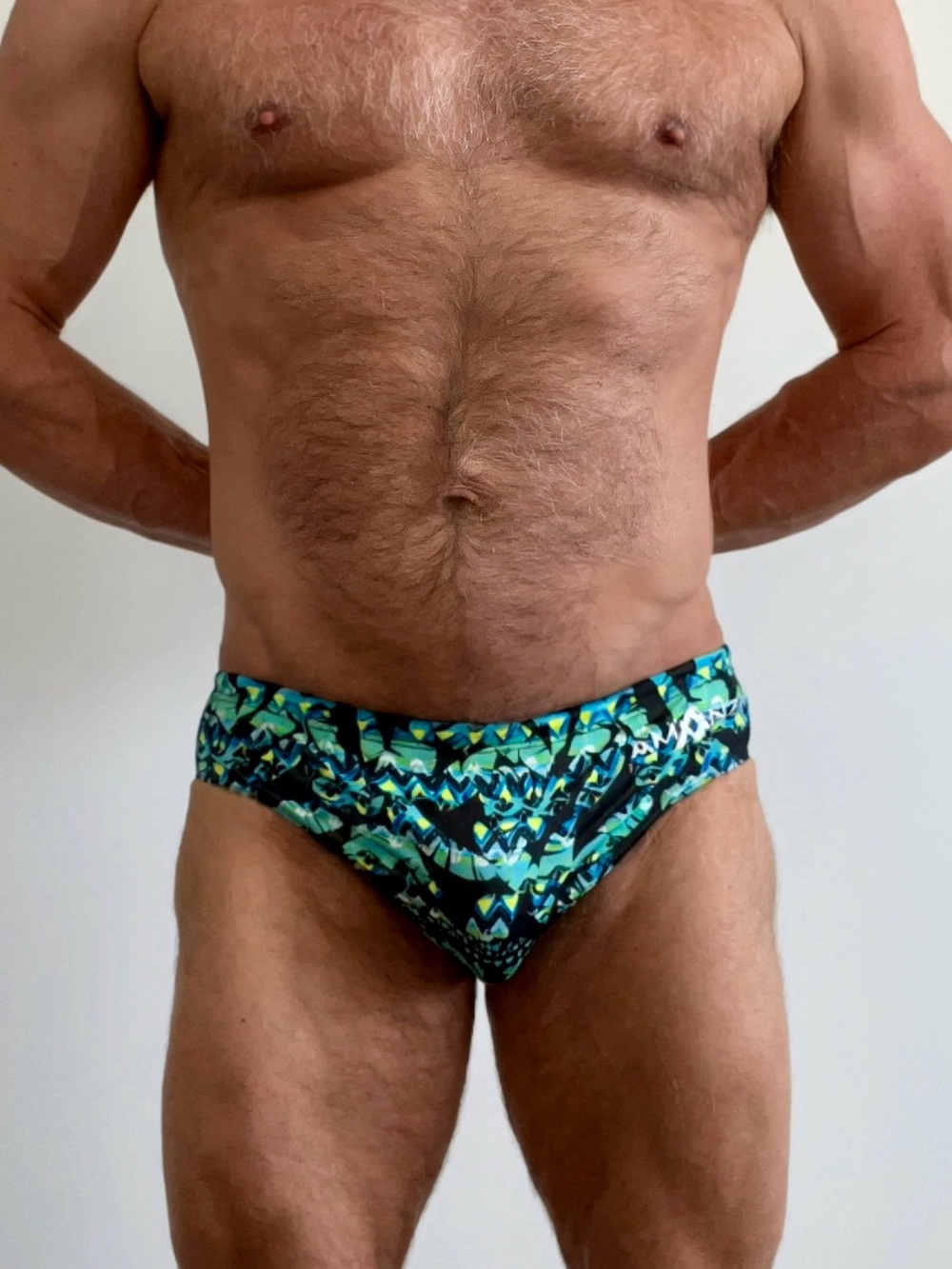 Men's Green Patterned Swim Briefs - Amanzi, performance fit, size 32